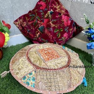 Beige Patchwork Floor Pillow Cover: Round Boho Cushion, Indian Seating