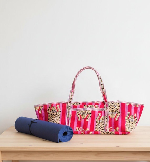 Quilted Tiger Print Yoga Mat Bag: Indian Handmade Cotton Tote bag