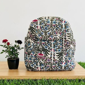 White Handmade Quilted Cotton Backpack: Floral Printed Laptop Bag