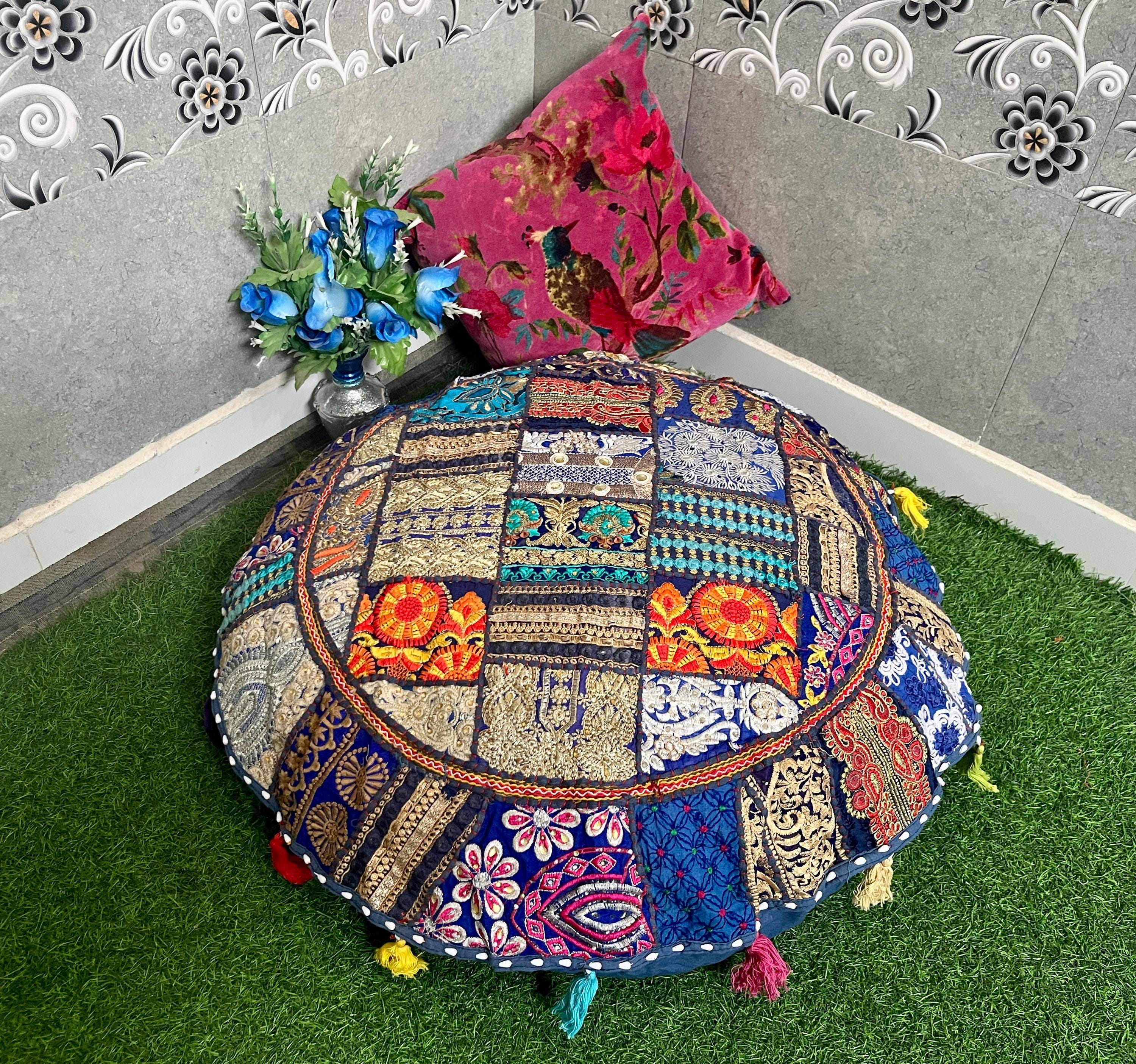 Navy Blue Patchwork Floor Pillow Cover: Indian Embroidered Cushion