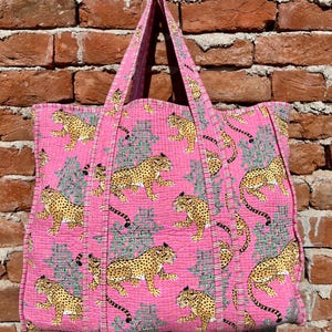 Pink Tiger Indische handgefertigte Tasche, gesteppte Markttasche handgenäht, stilvolle Einkaufstasche, Einkaufstasche, Hippie-Tasche Print Woman's Schultergurttaschen