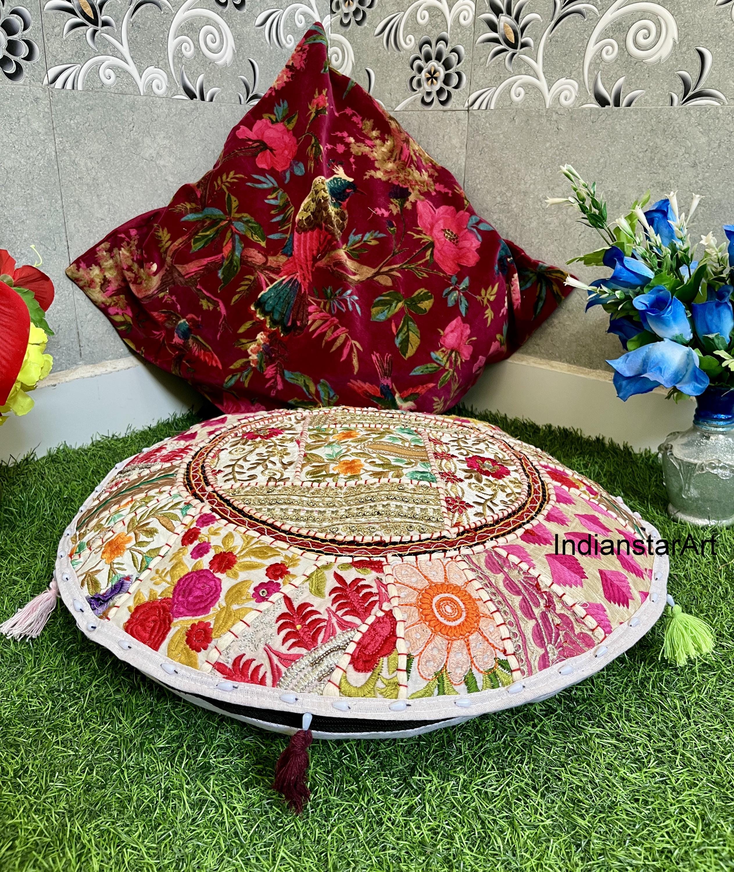 White Large Floor Cushion Case Round Pillows Cover | Hippie Style Round ...