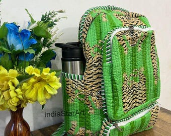 Handmade Cotton Green Backpack: Indian Boho Laptop Bag