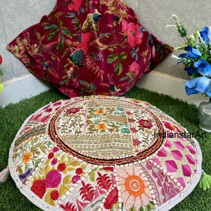 White Patchwork Floor Pillow Cover: Indian Boho Cushion Seating