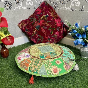 Green Patchwork Floor Pillow Cover: Boho Indian Seating Cushion