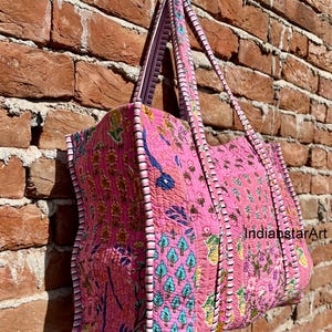 Multi Pink Indische handgemachte Patchworktasche, gesteppte Markttasche handgenäht, stilvolle Einkaufstasche, Einkaufstasche, Hippietasche, gedruckte Umhängetaschen