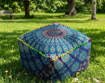 Vintage Square Seat Pouf Cotton Handmade Pouffy Case Cover Custom Ottoman Cover Blue Peacock Art