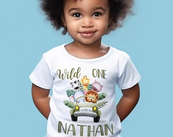 Personalised 1st birthday T-shirt WILD ONE Jungle Design First Party Outfit Boys Girls Tee
