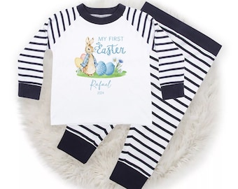 My First Easter Pyjamas Personalised Baby Boy Gift My 1st Easter 6-12 Months Rabbit Blue Outfit Clothing Stripe PJs