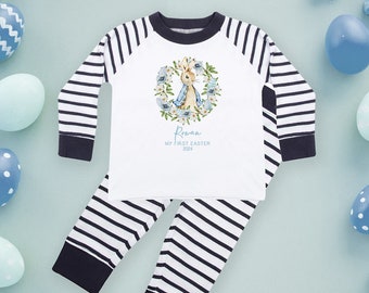 Personalised Baby Boy Pyjamas - My 1st Easter 6-12 Months Bunny Navy Blue Outfit Clothing Stripe PJs