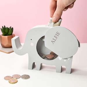 Newborn Baby Gift Personalised Engraved Elephant Money Box Bank Present Girl Boy Vintage Wooden Savings Box Piggy Bank for Kids 1st Birthday