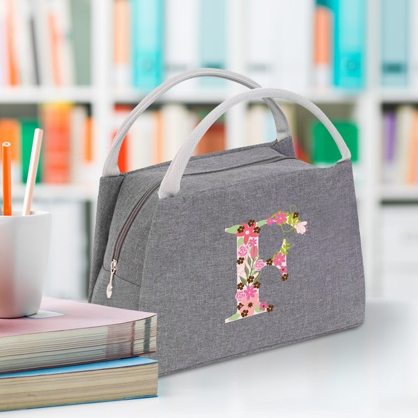 Lunch Box for Women, Large Capacity Insulated Lunch Bag Personalised Letter Initial Lunchbox for Adults Grey Floral Kids Girl College Work