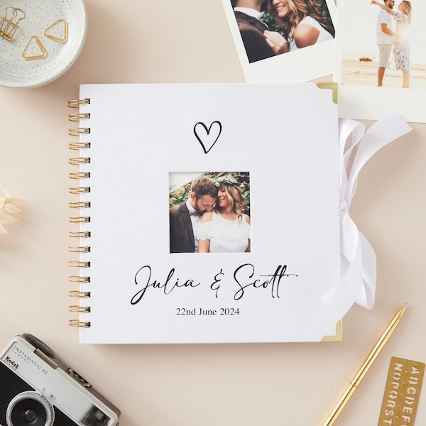 Personalised Linen Scrapbook Photo Wedding Album Custom Couples Gift Guest Book Engagement Present Love Heart with Window Photo 22cm