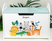 Personalised Kids Baby Wooden Toy Chest Jungle Themed Storage Toddler Furniture Kids Toy Chest Safari Decor