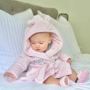 Personalised Baby Dressing Gown Newborn Gift Bath Robe Embroidered Soft Teddy Ears Hooded Housecoat Gift for Babies Boy Girl Present New Pink