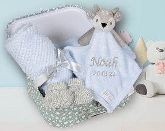 New Baby Boy Gifts Set Blue Deer Fawn Baby Hamper Baby Shower Gifts Boy New Born Gift Basket Blanket Comforter Newborn Baby Gift