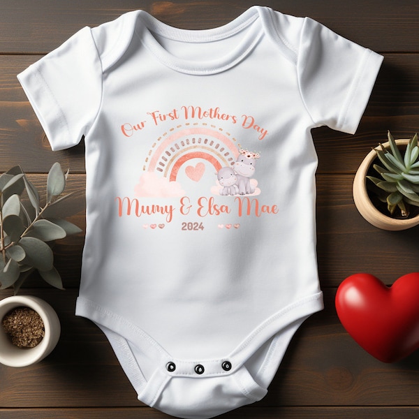 Personalised BabyGrow 1st Mothers Day Together Baby Hippo Rainbow Design Newborn, 0-12 Months Vest