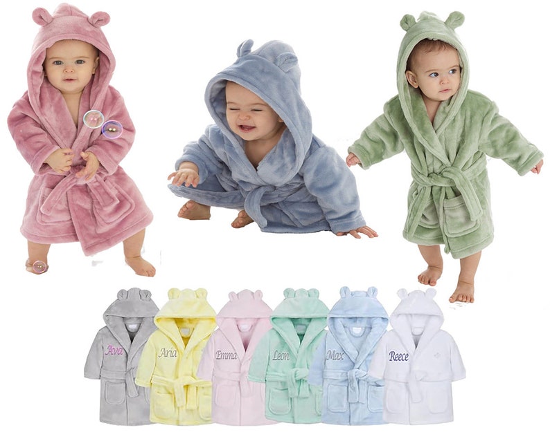 Personalised Baby Dressing Gown Newborn Gift Bath Robe Embroidered Soft Teddy Ears Hooded Housecoat Gift for Babies Boy Girl Present New image 1