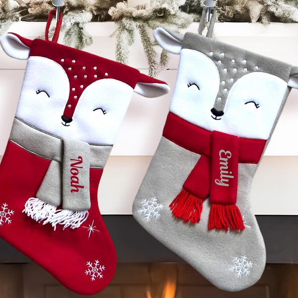 Personalised Christmas Stockings Red Grey Deer Custom Kids Embroidered Christmas Stocking  Name Xmas Personalised Stocking Baby Decorations