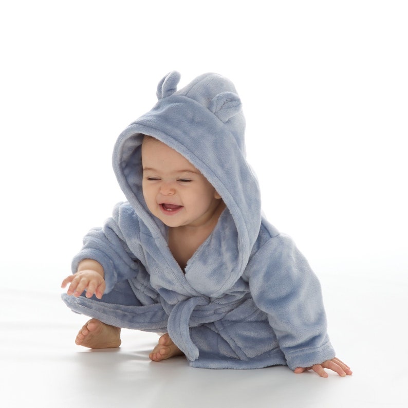 Personalised Baby Dressing Gown Newborn Gift Bath Robe Embroidered Soft Teddy Ears Hooded Housecoat Gift for Babies Boy Girl Present New Dusky Blue