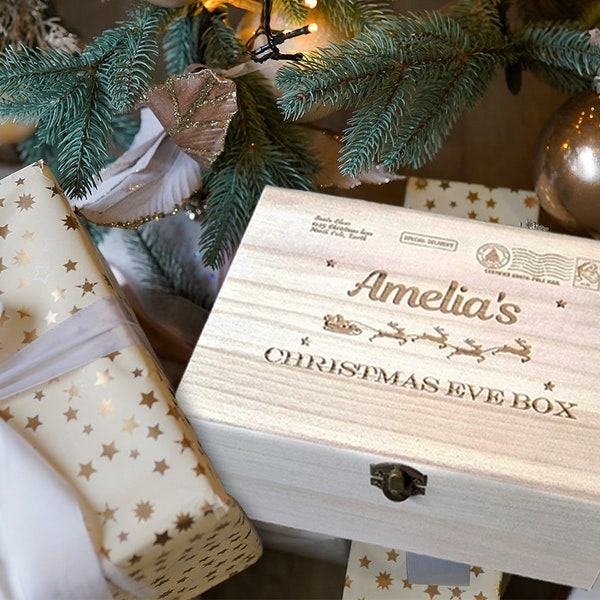 Personalised Engraved Wooden Christmas Eve Box Gift for Kids or Adults | 22cm Empty box | Post Letter & Stamp Design | Traditional Xmas