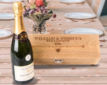 Personalised Engraved Oak Style Wooden Wine Gift Box | Wedding | Engagement Custom Champagne Prosecco Gift For Couple Anniversary New House
