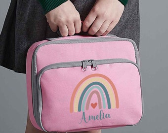 Personalised Lunch Bag for Kids Girls - Insulated School Name Rainbow Pink Lunchbox - Toddler Personalised Lunch Boxes for Pack Lunch