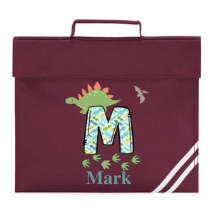 Personalised School Book Bag for Children Music Homework Bags for Kids for School Navy Blue Dinosaur Boy with Name BookBag Burgandy