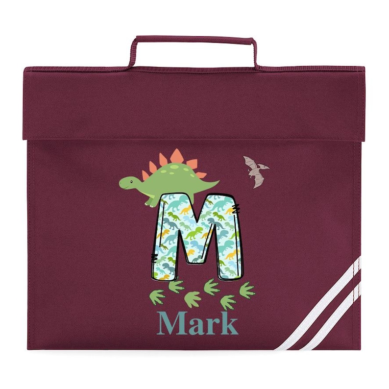 Personalised School Book Bag for Children Music Homework Bags for Kids for School Navy Blue Dinosaur Boy with Name BookBag Burgandy