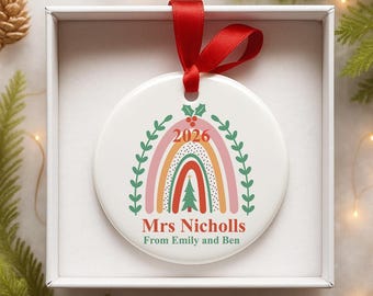 Personalised Teacher Christmas Bauble Christmas Rainbow Ceramic Xmas Tree Decoration 7cm