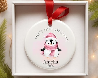 Personalised My 1st Christmas Bauble 2026 Pink Penguin Baby Girl Xmas Decoration Tree Hanging Ornament