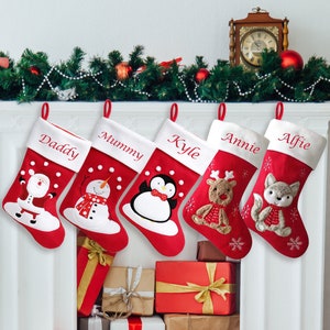 Personalised Embroidered Christmas Stocking Kids Woodland Friends Design Fox Stocking Sock Boot | Xmas Decorations Reindeer Red White Baby