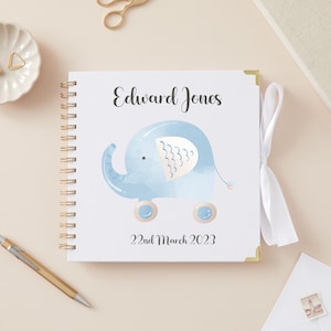 Personalised Baby Boy Scrapbook Blue Elephant DIY Handmade Album for First Year Memories Gift - White Photo Album Scrap Book Newborn 22cm