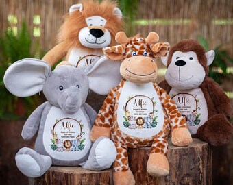 Personalised Teddy Bear Jungle Design Baby Gift for Boy or Girl Newborn 1st Birthday Present 2nd 3rd 1 year old Lion Giraffe Elephant Sloth
