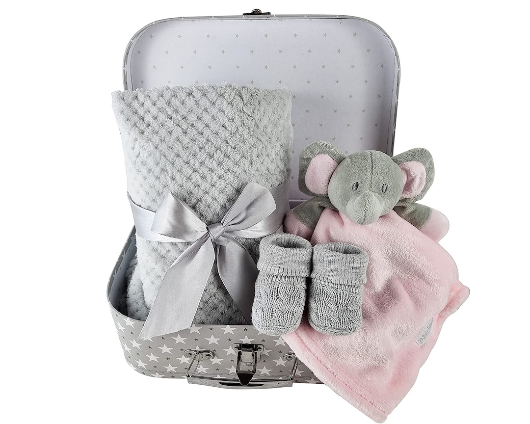 Baby Girl Gift Pink Elephant Comforter Blanket Booties Hamper Suitcase ...