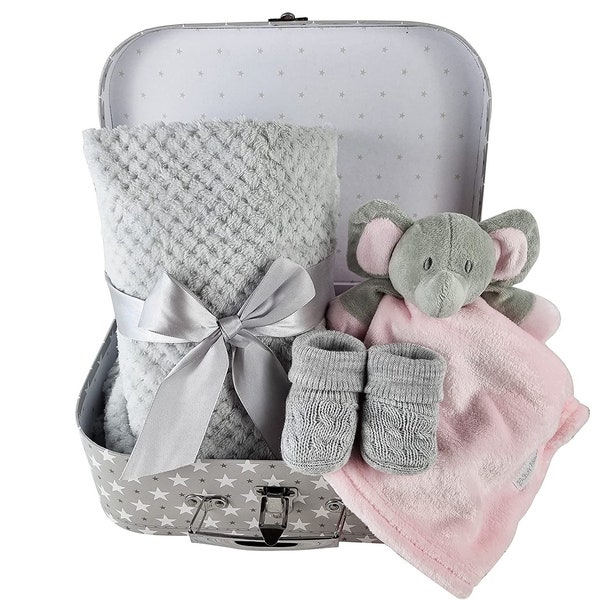 Baby Girl Gift Pink Elephant Comforter Blanket Booties Hamper Suitcase Gift Set Newborn Gift New Baby Gift Milestone Card To Personalise