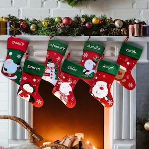 Personalised Embroidered Christmas Stocking Red Green Santa Snowman Reindeer Custom Eve Traditional Kids Xmas Family Fireplace Penguin