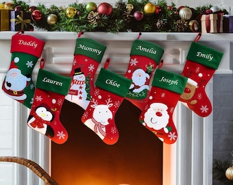 Personalised Embroidered Christmas Stocking Red Green Santa Snowman Reindeer Custom Eve Traditional Kids Xmas Family Fireplace Penguin