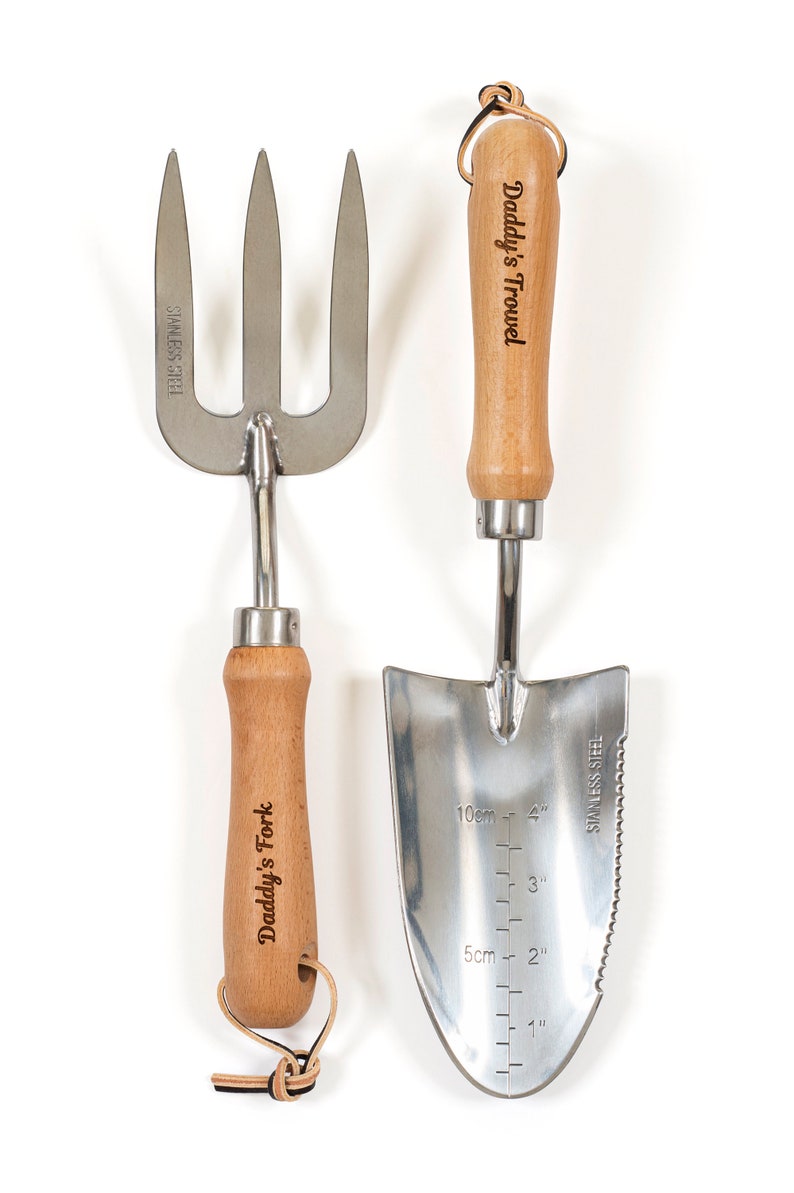 Personalised Garden Tools Engraved Gardening Fathers Day Gift Set Hand Trowel and Fork Dad Retirement Present Allotment Nana Retirement image 2