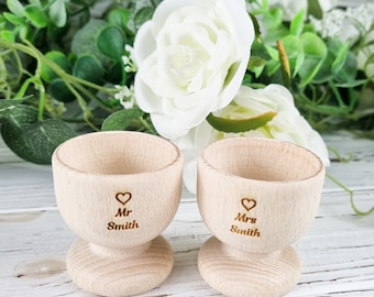 Personalised Mr  and  Mrs Egg Cups - X2 Pack - Wooden Easter Egg Holder Personalised Wedding Gifts Engraved Boiled