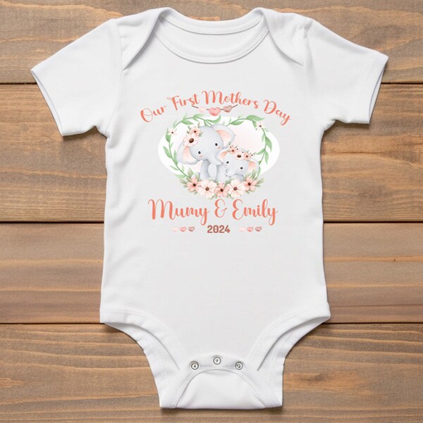 Personalised BabyGrow 1st Mothers Day Together Baby Elephants + Mummy Design Newborn, 0-12 Months Vest