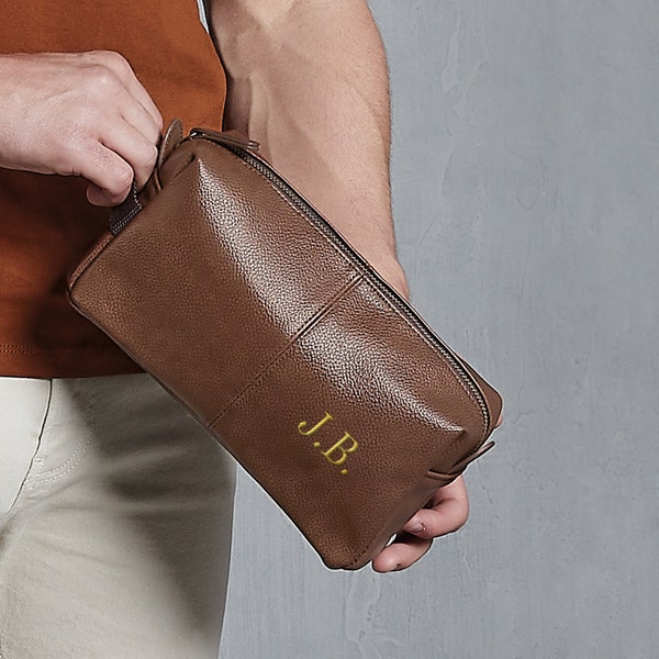 Personalised Embroidered Mens Vegan Leather Wash Bag with Strap Brown Faux Leather Toilet Bag Initials Travel Gift Dad Fathers Day