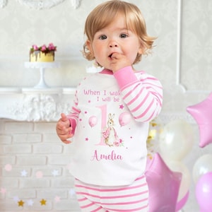 Personalised Baby Toddler Pyjamas - When I Wake Up I&#39;ll Be 1 2 3 4 Birthday PJs - Pink Bunny For Girls, 6 Months - 4 Years