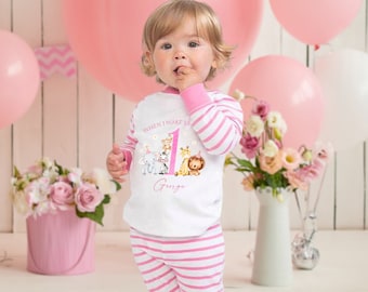 Personalised Baby Toddler Pyjamas - When I Wake Up I'll Be 1 2 3 4 Birthday PJs - Pink Jungle Animal Party For Girls, 6 Months - 4 Years