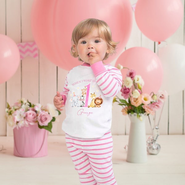 Personalised Baby Toddler Pyjamas - When I Wake Up I'll Be 1 2 3 4 Birthday PJs - Pink Jungle Animal Party For Girls, 6 Months - 4 Years