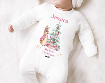 Personalised My First Christmas Sleepsuit 1st Xmas Rompersuit Babygrow Girl Pink Bunny