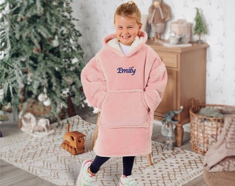 Personalised Kids Oversized Hoodie - Fleece Hoodie Blanket Fluffy Snuggle Hooded Blanket Kids Girls Age 3-13 Cute Pink