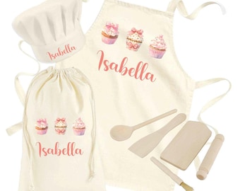Personalised Kids Aprons For Girls Cooking Childrens Baking Gift Set Custom Apron Hat Kids Cooking Utensils Wooden Tools Pink Cupcake