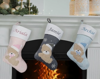 Personalised Printed Baby Christmas Stocking Stocking For Babies 1st  Christmas Teddy Blue Pink or Grey First Xmas Stocking Newborn Boy Girl
