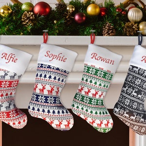 Personalised Christmas Stocking | Traditional Nordic Knit | Embroidered Name | Xmas Stockings | Navy | Red | Green | Silver | Classic Sock